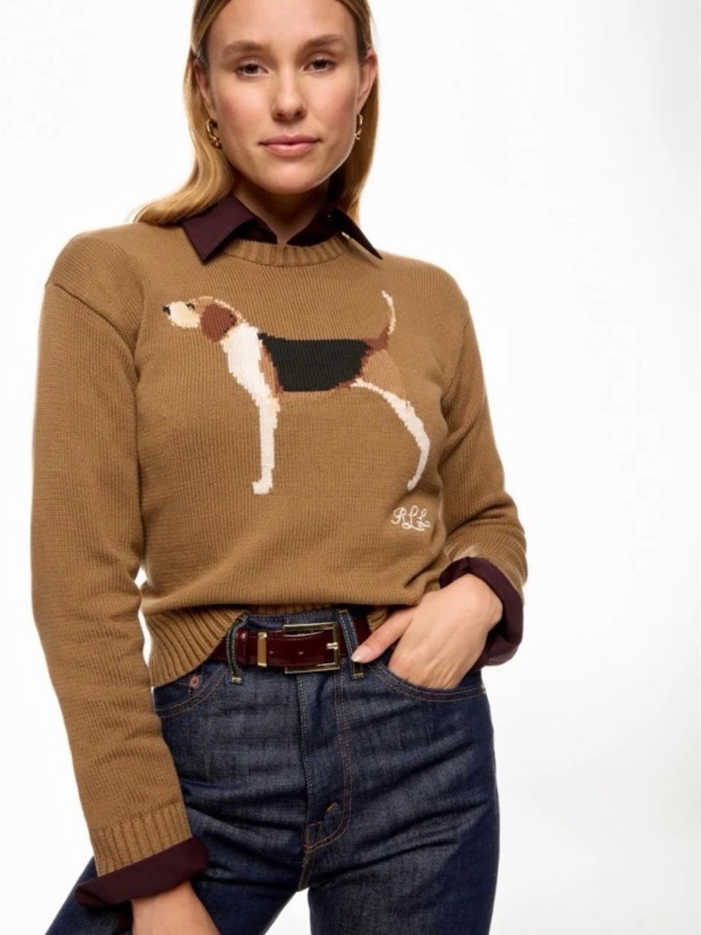 Ralph Lauren Beagle Dog Intarsia Sweater NWT Brown Womens Size XXS